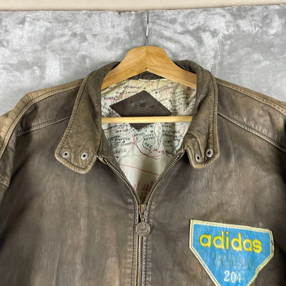 Vintage 80s Adidas Leather Jacket Mens L Brown Airborne Squad 1943 Bomber